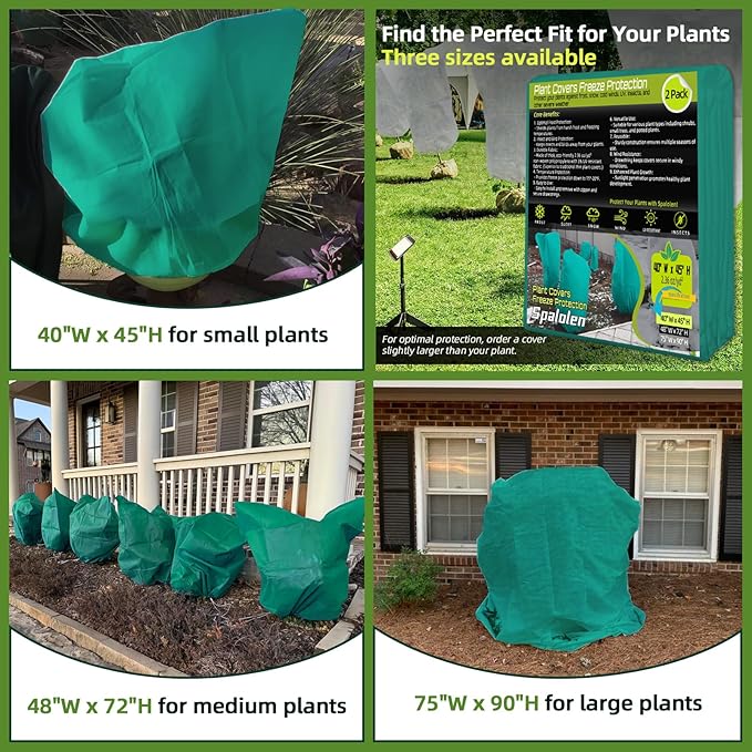 2 Pack Plant Covers Freeze Protection, 40"W x 45"H Winter Frost Blanket 2.36 oz/yd² Fabric Frost Cloth Tree Covers Shrub Jacket Bag with Zipper & Drawstring for Plants Fruit Tree Shrub Potted - Green