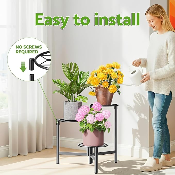 NQW Tiered Plant Stand Outdoor 3 Tier Indoor Metal Flower Shelf for Multiple Plants Corner Tall Flower Holders for Patio Garden Living Room Balcony Bedroom Black Diamond