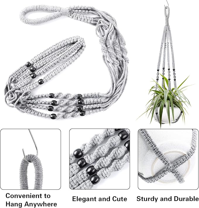 Augshy 2 Packs Macrame Hanging Planter, Indoor Hanging Planter Basket with Wood Beads Decorative Macrame Pot Hanger for Home Decor (Grey)