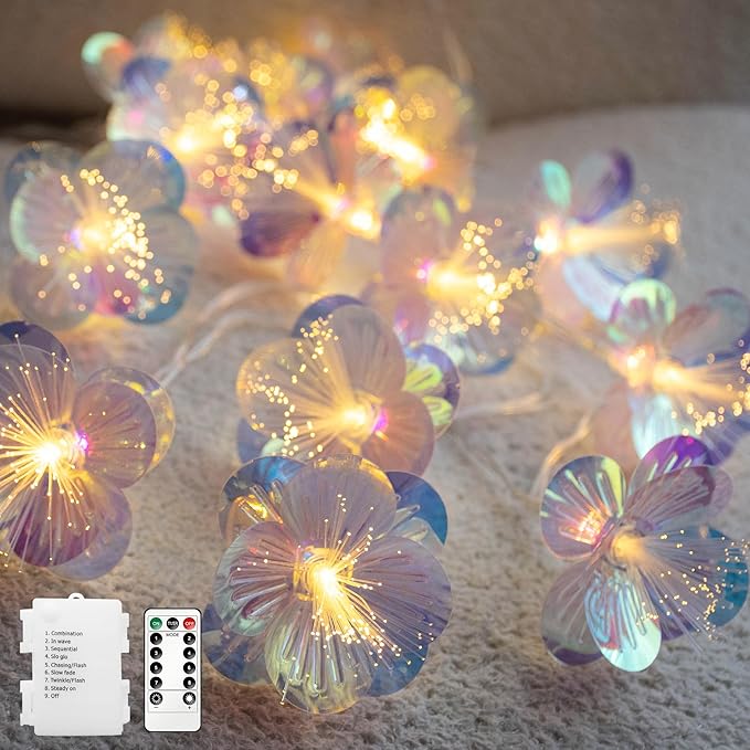 YOLIGHT Fiber Optic Flower String Lights Battery Operated with Timer, 13ft 20 LED Flower Garland Lights Fairy Decor Light for Room Table Wedding Christmas Easter Décor (Warm White)