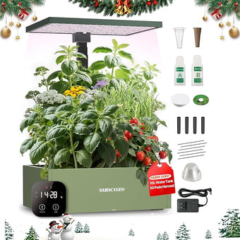 SUNCOZE 20 Pods Hydroponics Growing System Kit, Indoor Herb Garden with Grow Light 30W, 10L Large Water Tank with Adjustable Height to 25", Quiet Pump, Gardening Gifts, Green