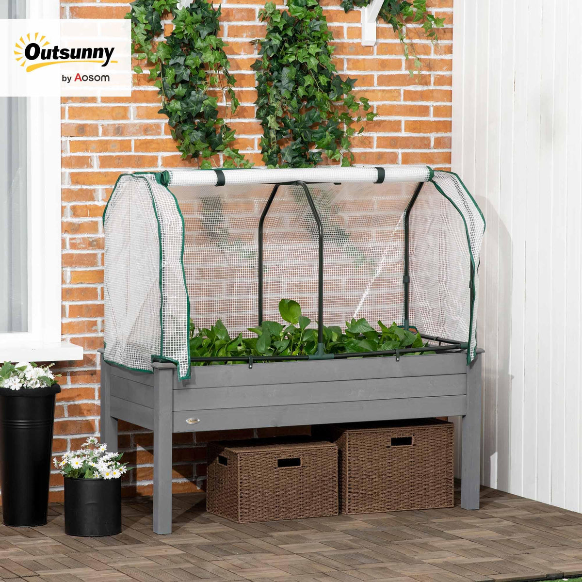 Outsunny Raised Garden Bed with PE Greenhouse Cover 48x22x46 inch Dark Gray