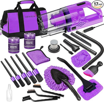 Viewsun 17PCS Car Cleaning Kit, Purple Car Interior Detailing Kit with High Power Handheld Vacuum, Detailing Brush Set, Windshield Cleaner, Cleaning Gel, Complete Auto Accessories for Women Gift