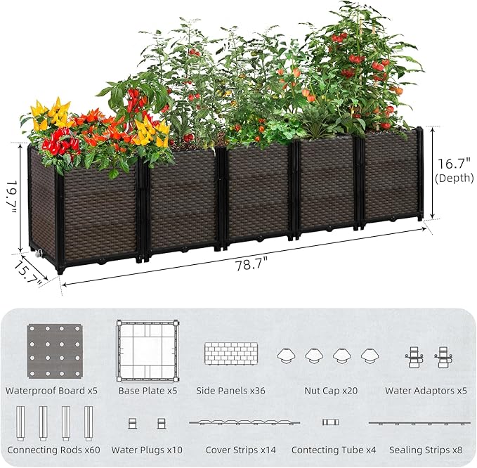 Large Raised Planter Box Outdoor Self Watering 78.7"x15.7"x19.7", Deep Raised Garden Bed - Elevated Garden Box with Drainage Plug, Rectangular Garden Planter Perfect for Patio Balcony Deck