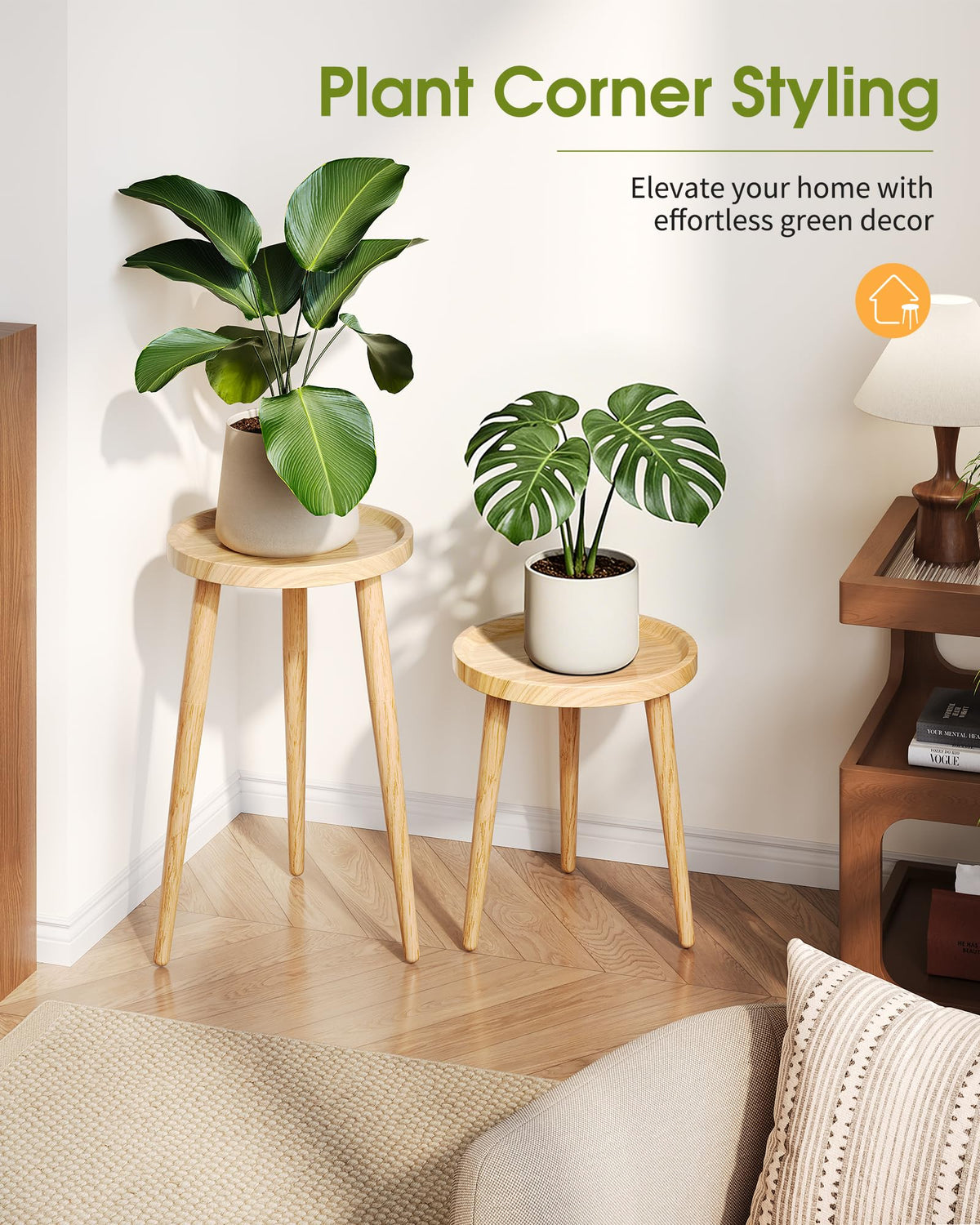 AZADESJET Plant Stand Indoor 2 Pack, Mid Century Wood Indoor Plant Stands, Tall Plant Holder for Flower Pot, Modern Plant Table Round Side End Table With Raised Design, Natural, 11.7"x18.8" & 11.7"x13"