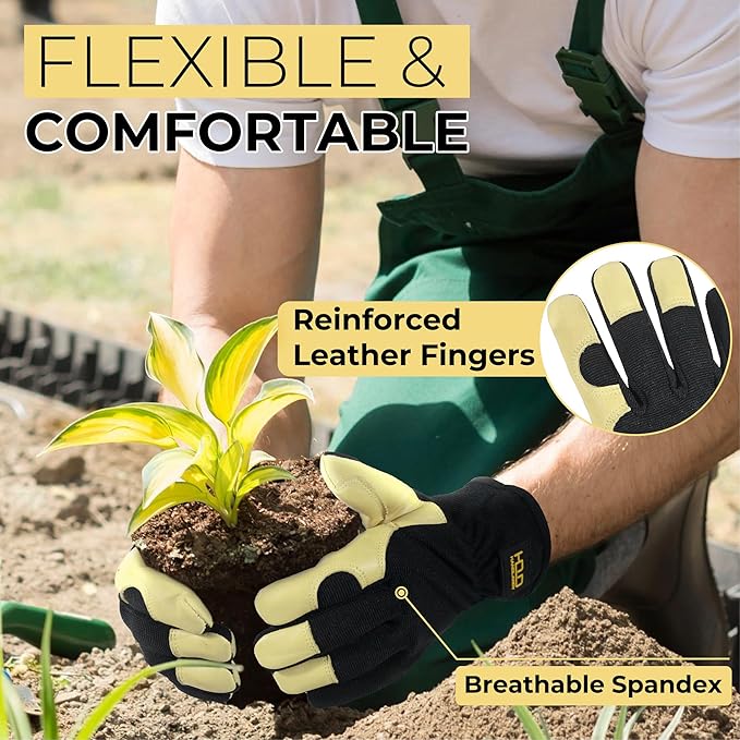 HANDLANDY Men Leather Gardening Gloves, Utility Work Gloves for Mechanics, Construction, Driver