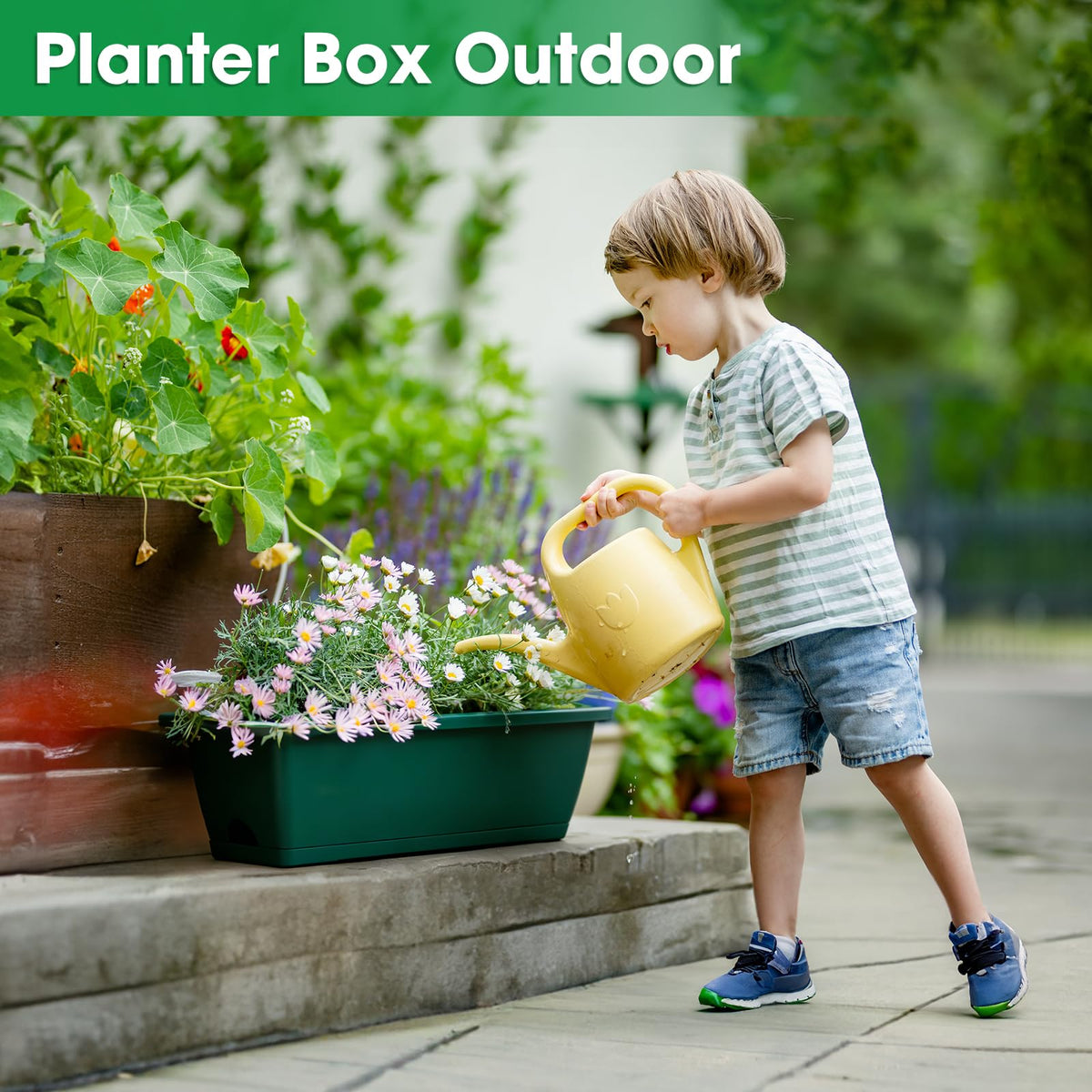 4 Pcs Hanging Flower Pots, 16.9 Inches Railing Planter Box, Green