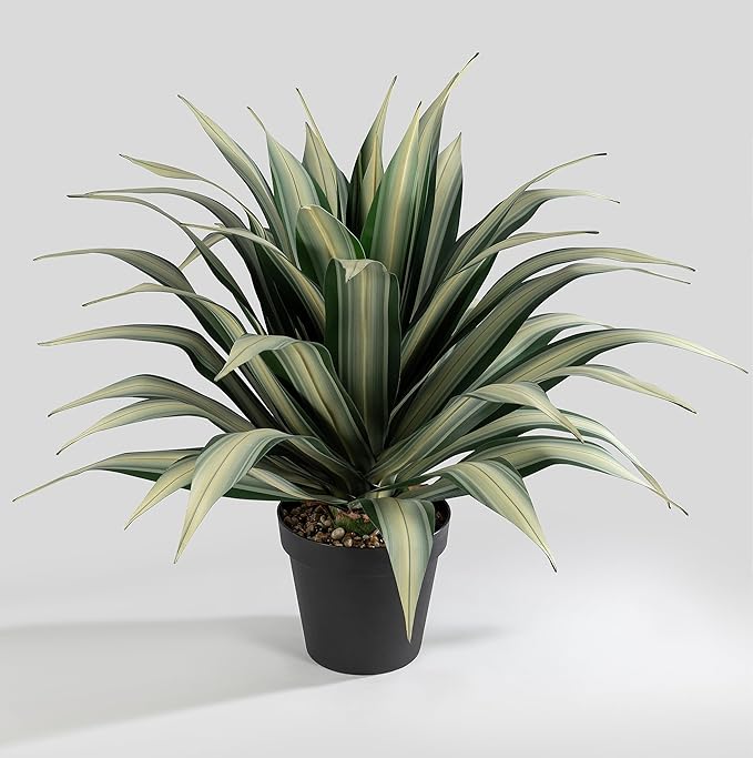 SUNPRAIRIE Life-Like Extra Large 34 Inch Tall Artificial Agave Plant. Cream Leaves with Textured Dark Green Stripes. UV Resistant Faux Plants. Outdoor and Indoor Large Artificial Plants.