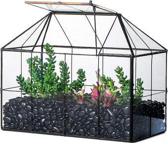 NCYP Glass Terrarium Planter with Lid for Small Succulent Cacti, Grid House Shape Black Geometric Terrarium Pot, Home Garden Indoor Tabletop Decor, 9.84" x 5.31" x 7.87" (No Plants)