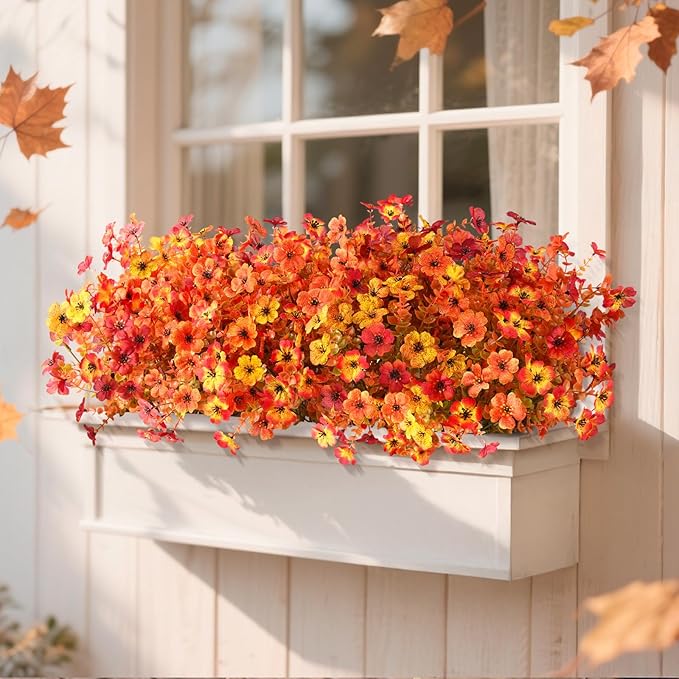 Artificial Fall Flowers for Decoration Fake Flowers Outdoor Artificial Plants, 12 Bundles Faux Mums Autumn Plastic Flower UV Resistant for Porch Patio Home Yard Garden Window Box Pot Planters