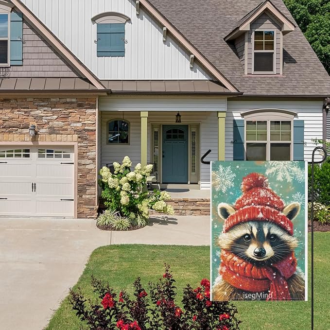 Raccoon with Red Scarf and Hat Snowflake Christmas Garden Flag, 28x40 Inch Double Sided Linen Holiday Red Winter Farmhouse Yard Outdoor Decoration (4326)