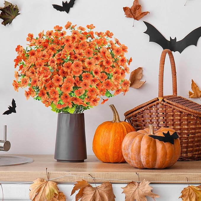 AGIRL 16 Bundles Artificial Fall Flowers Outdoor Indoor Decoration,No Fade Autumn Fake Plastic Plants with Eucalyptus Leaves,Faux Mums for Thanksgiving Garden Front Door Porch Patio Fall Decor