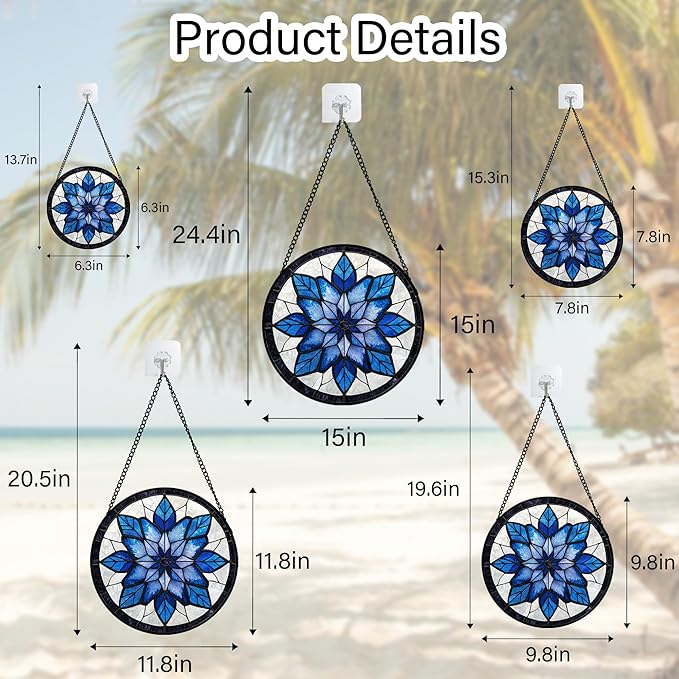 Stained Glass Window Hanging - Blue Snowflake Flowers Suncatcher for Doors Garden Patio Boho Sun Catchers Decor Christmas Mother's Day Birthday Gifts for Women Men Mom Nana Friend 15 in