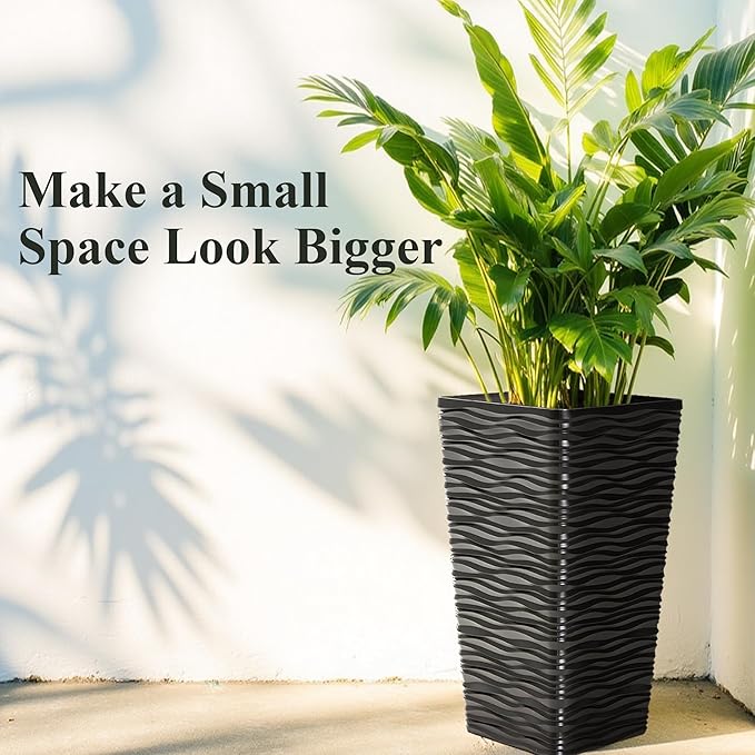 Worth Garden 2-Pack Black Tall Planter - Plastic Square Tapered Tree Plant Pots for Indoor Outdoor - 22" H - Modern Wavy Finish Decorative Flower Pots for Front Porch Containers Patio Deck