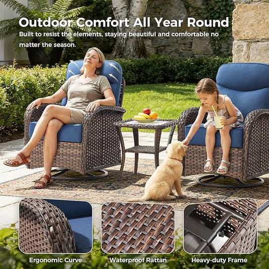 Luxury Outdoor Swivel Rocker Patio Chairs with 6-Inch Thick Cushions, High Back Swivel Glider Patio Chairs, 3PCS Wicker Outdoor Furniture Set for Porch, Patio, Yard, Deck, Poolside, Brown/Blue