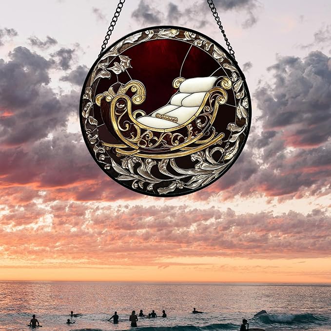 Stained Glass Window Hanging 4 Pcs Set Christmas Golden Bell Sleigh Large 15" - Suncatcher Door Garden Sun Catcher Decor Birthday Mother's Day Xmas Gifts for Mom Woman Nana Men Parents