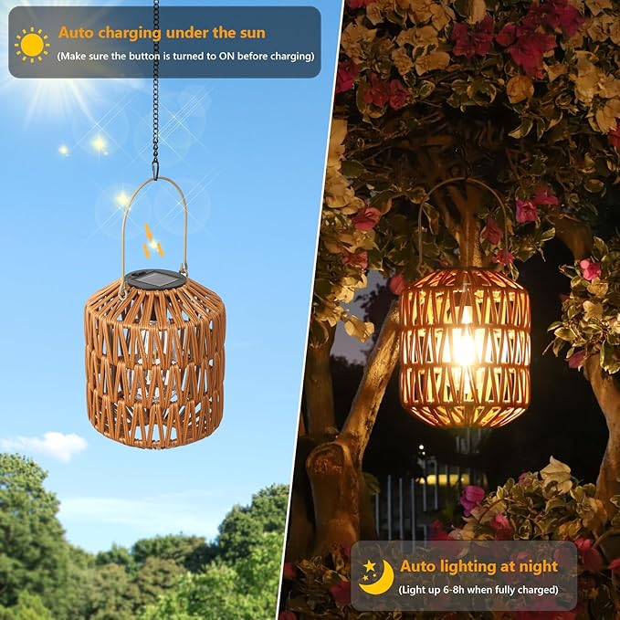 2 Pack Solar Lanterns Outdoor Waterproof, Rattan Solar Lights for Yard, Outdoor Garden Lights, Hanging Lanterns Decorative Birthday Gifts for Mom Grandma, Outdoor Lanterns for Porch, Patio, Pathway