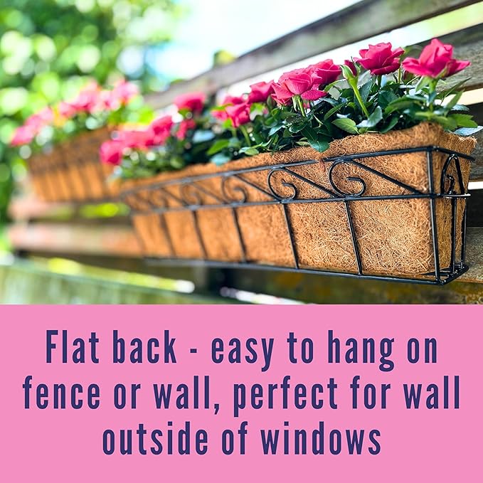 LaLaGreen Large Window Flower Boxes - 2 Pack, 24 Inch Balcony Planter, Deck Railing Planters with Coco Liners Outdoor Wall Pot Plant Holder, Black Metal Horse Trough Fence Patio Porch Over Rail Decor