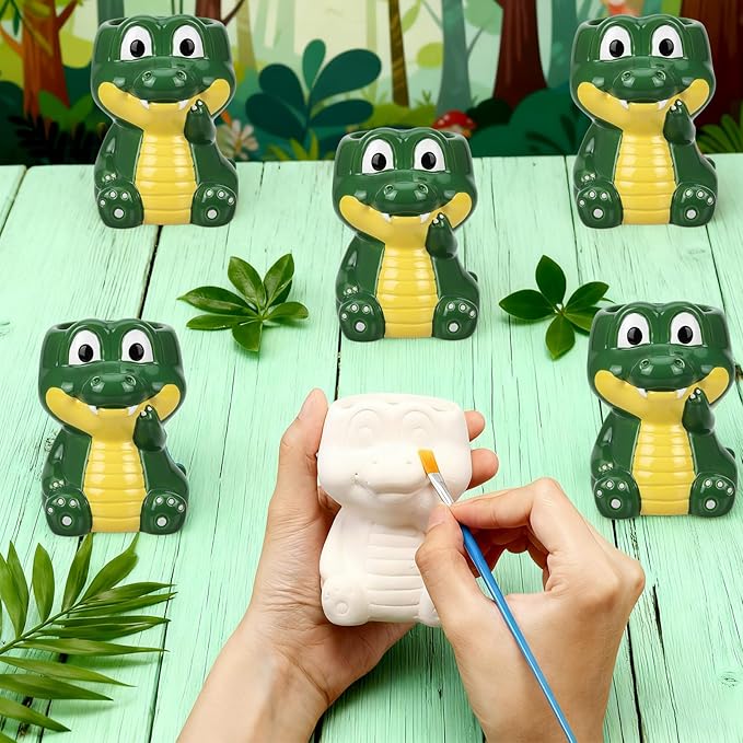 Pasimy 6 Set Ceramics to Paint DIY Ceramic Succulent Planter Pots Paint Your Own Flower Pots Craft Kit Unpainted Bisque Flowerpot with Brush Palette for Family Activity Holiday Gifts(Crocodile)