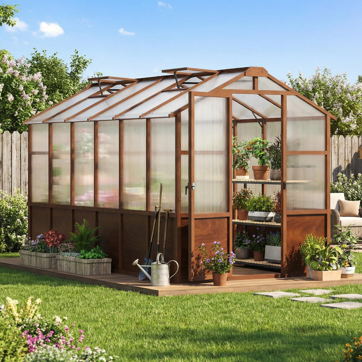 Jocoevol 6x12FT Walk-in Wooden Greenhouse for Outdoor Garden Backyard