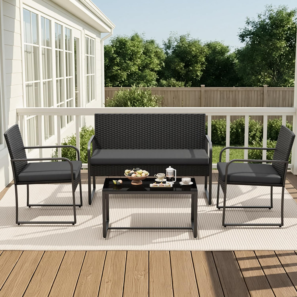 Gizoon Black Wicker Conversation Set with Glass Coffee Table