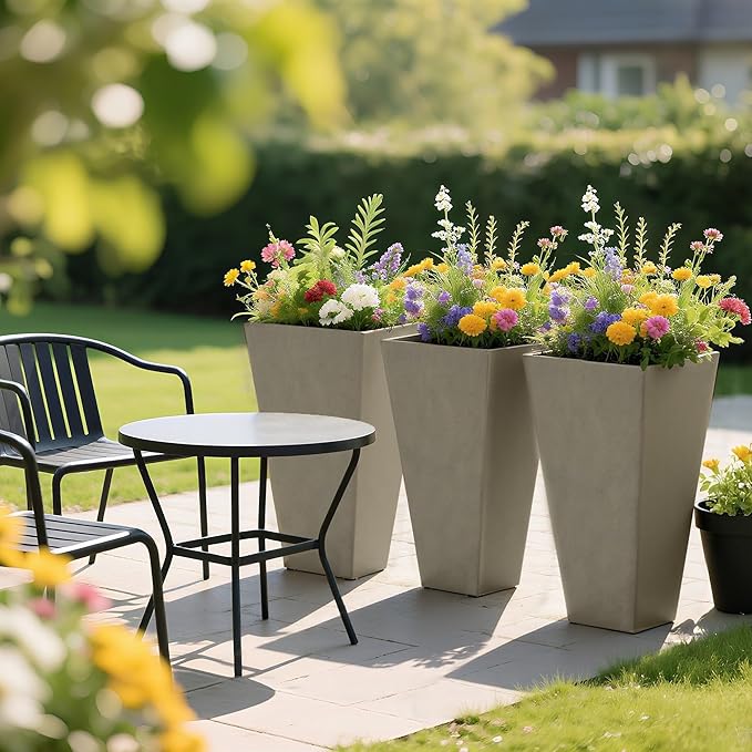 Outsunny Tall Planters for Outdoor Plants Set of 3, 28 in Taper Planters with Drainage Holes, Indoor Grande Plant Pots, Front Porch Decor, Grey