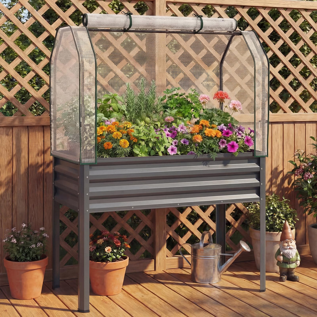 GIANTEX Raised Garden Bed with Legs & Greenhouse Cover, 44x22x60 Elevated Metal Planter Box with Roll-up Door, Outdoor Mini Greenhouse for Vegetable Flower Herb Patio Balcony (Gray,2)