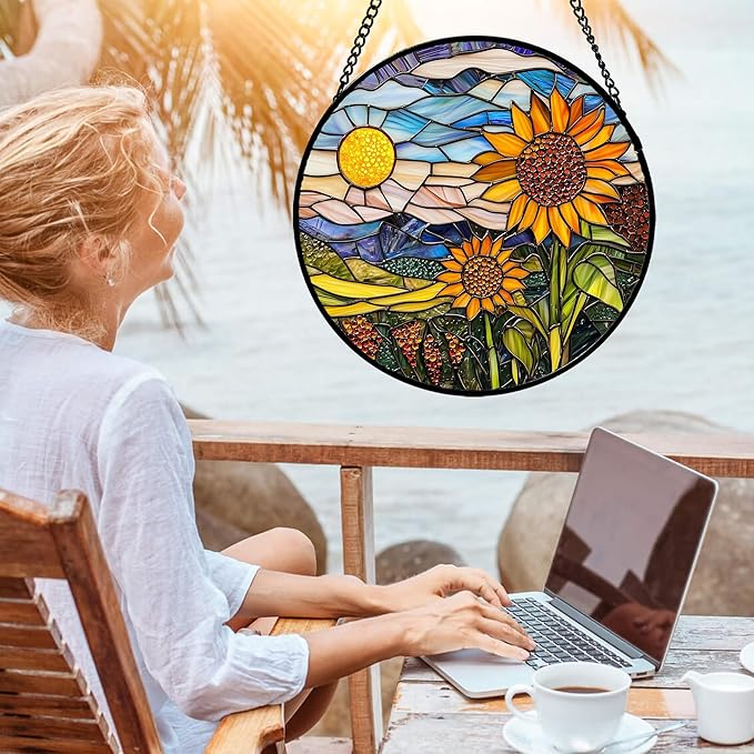 AMDERVEN Stained Glass Suncatcher, Sunflower Flowers Landscape Sun Catcher Plant Mountains Stain Glass Window Hanging Decoration Mother's Day Birthday Gifts for Women Men Mom Nana 6.3 in