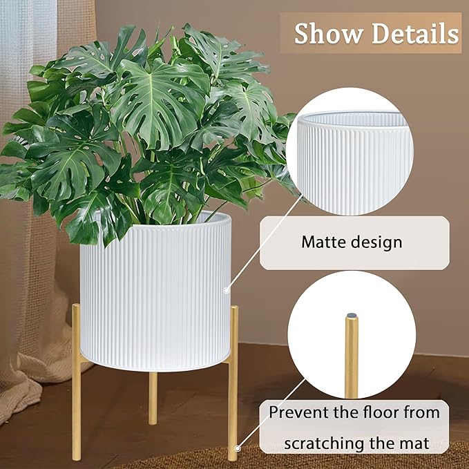 ARNIS Modern Planter Pots, Set of 2 Round Large Planters with Stand, Decorative Floor Planters, Metal Pots with Drainage Holes for Living Room, Office, Garden or Balcony, 8.25 &10.5 Inch, White & Gold