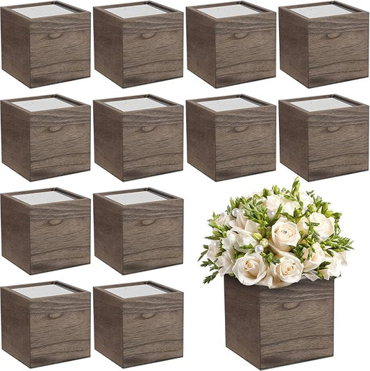 Suzile 12 Set 4 Inch Wooden Planter Box Flower Square Vases for Centerpiece Rustic Cube Planter Box with Removable Foam Blocks Liner Square Vase Craft for Garden Home(Brown Wood)