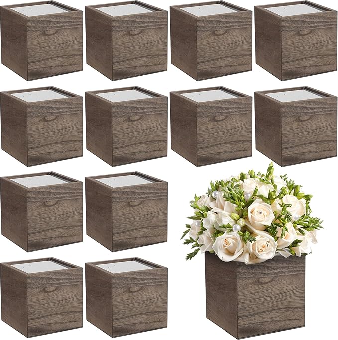 Suzile 12 Set 5 Inch Wooden Planter Box Flower Square vases for Centerpiece Rustic Cube Planter Box with Removable Foam Blocks Liner Square Vase Craft for Garden Home (Brown)