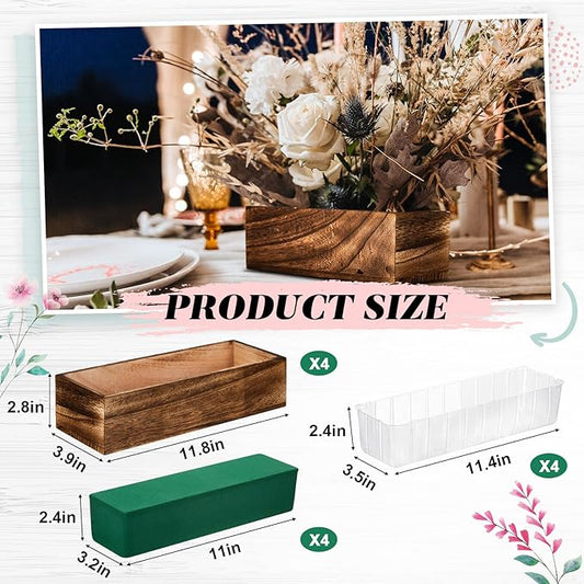 Dandat 4 Set Wood Boxes for Centerpieces 12x4 Inch Rectangle Wooden Planter Box Rustic Wood Planter with Removable Plastic Liner Floral Foam Blocks for Centerpieces Home Wedding Garden Decor