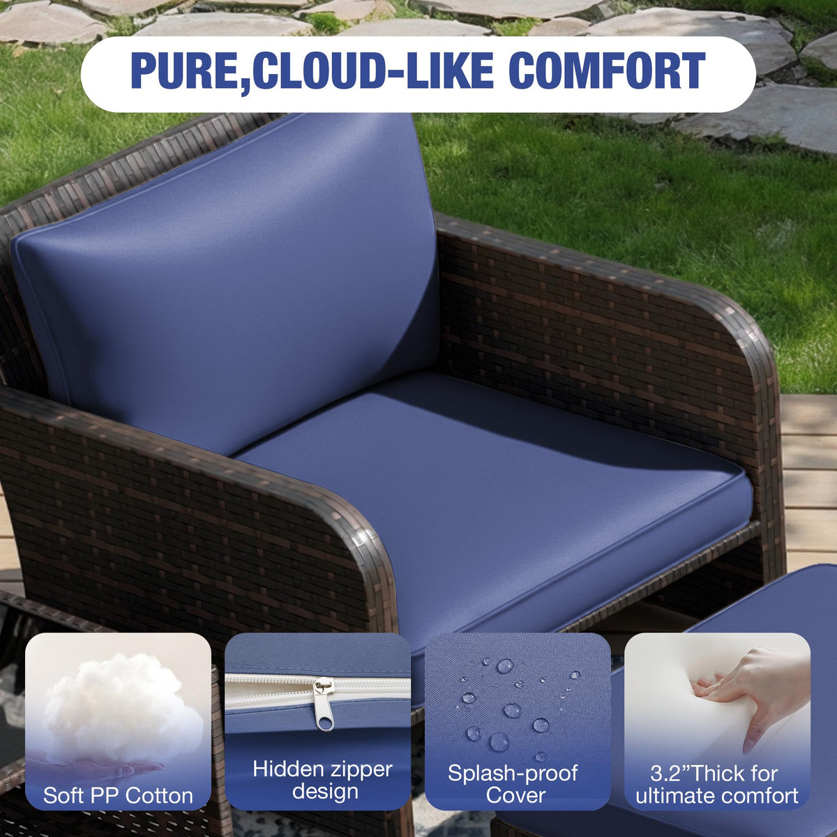 LEVELEVE Patio Conversation Set 5 Piece, Balcony Furniture Outdoor PE Rattan Wicker Lounge Chairs with Soft Cushions, 2 Ottomans & Glass Table for Porch Lawn, Brown (Blue Cushions