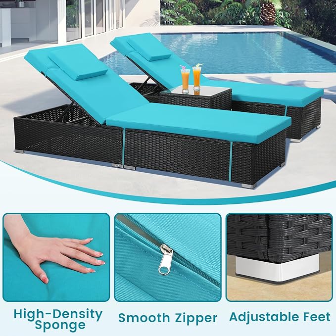 Outdoor Chaise Lounge Chairs, All-Weather Wicker Pool Lounge Chair Set of 2 with Side Table, Adjustable Backrest & Washable Cushions for Patio, Poolside, Beach, Light Blue