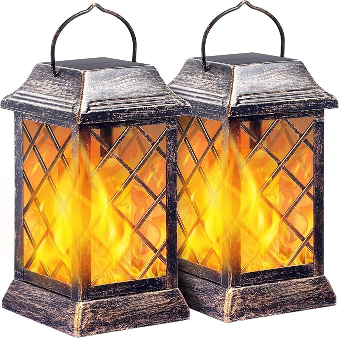 TomCare Solar Lights Outdoor Flickering Flame Metal Solar Lantern Outdoor Hanging Decorative Lanterns Heavy Duty Waterproof Umbrella Decorations Lighting for Patio Garden Deck Yard, 2 Pack (Bronze)