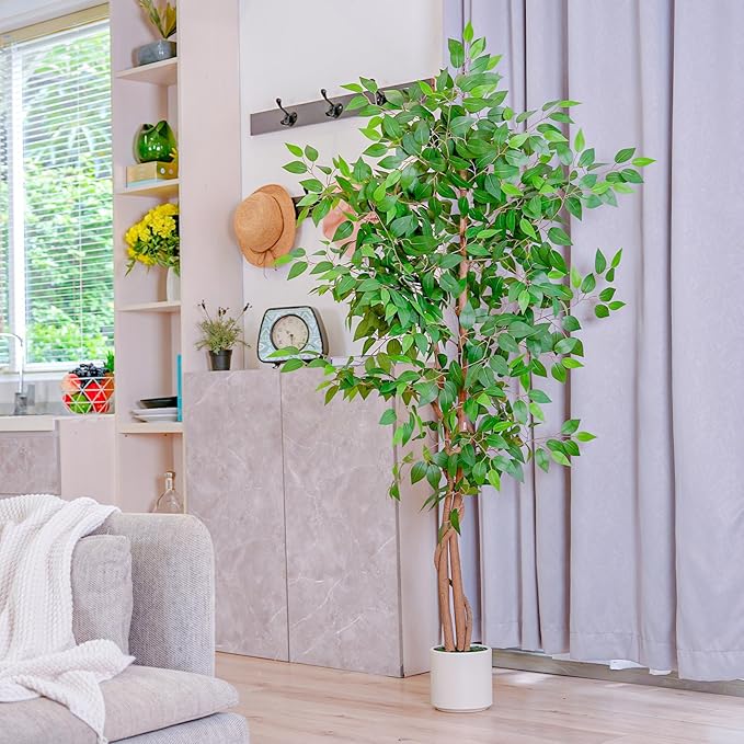 VIVATREES 6FT Artificial Ficus Tree with White Planter, Realistic Faux Silk Indoor Outdoor Plant for Home Office Living Room, Porch, Garden Decor