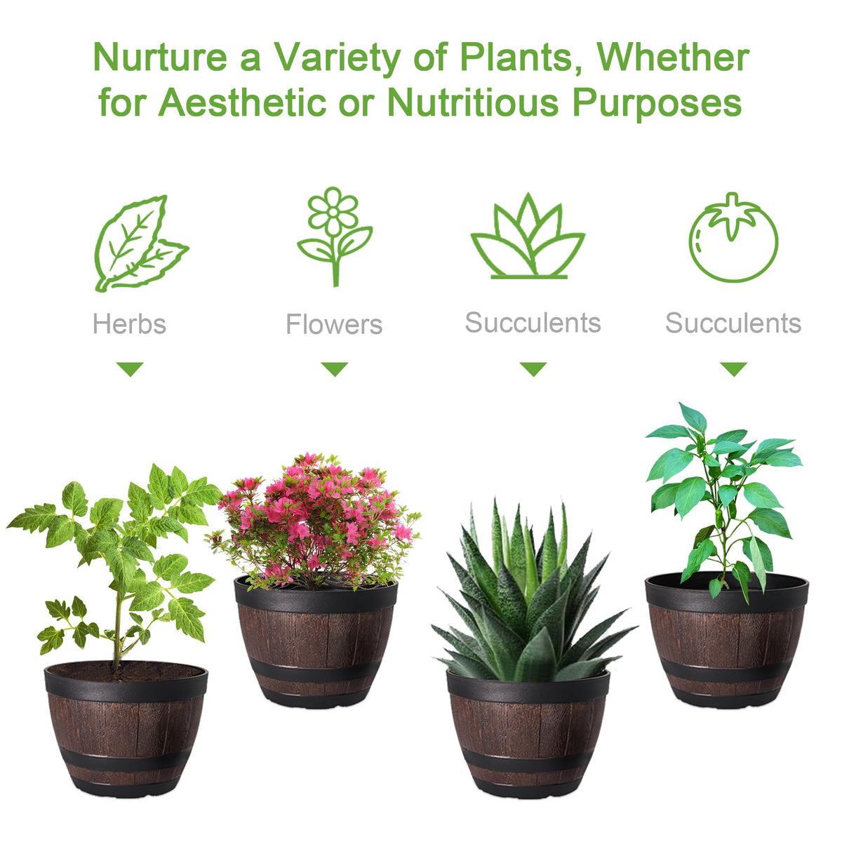 VECELO Plant Pots with Drainage Holes & Saucer, 9/11.3/13 Inch Flower Pots with Tray, 3 Pack Plastic Whiskey Barrel Planters for Indoor & Outdoor Garden Home Plants and Flowers