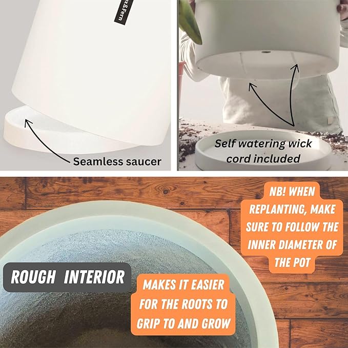 Fox & Fern Large 12 Inch Plant Pot with Hidden Saucer — Premium Lightweight Fiberstone Matte White Self Watering Planter with Seamless Saucer; Indoor & Outdoor Use; Weather Resistant & UV Resistant