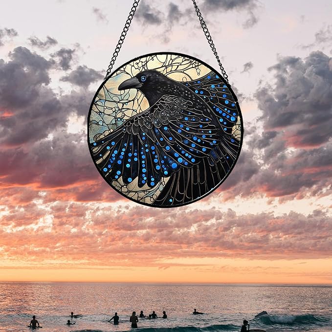 Stained Glass Window Hanging - Black Crow Big Wings Suncatcher for Doors Garden Patio Bird Sun Catchers Decor Christmas Mother's Day Birthday Gifts for Women Men Mom Nana Friend 7.8 in