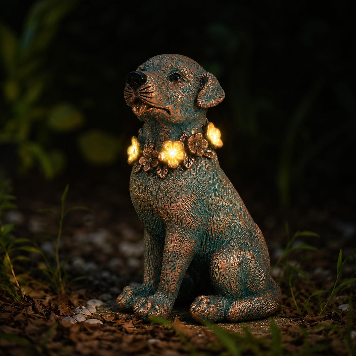 Nacome Dog Statue with Solar Flower Warm Lights Garden Decor