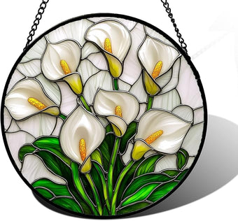 Stained Glass Window Hanging, White Calla Lily Suncatcher Diamond Glass Panel Hangings Flowers Sun Catchers Decor for Birthday for Women, Men, Wife, Aunt, and Mom 9.8 in