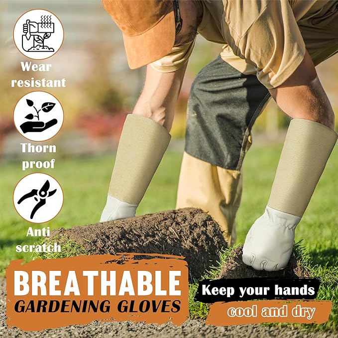 HANDLANDY Pruning Gloves Long for Men & Women, Pigskin Leather Rose Gardening Gloves- Breathable & Durability Gauntlet Glove Medium