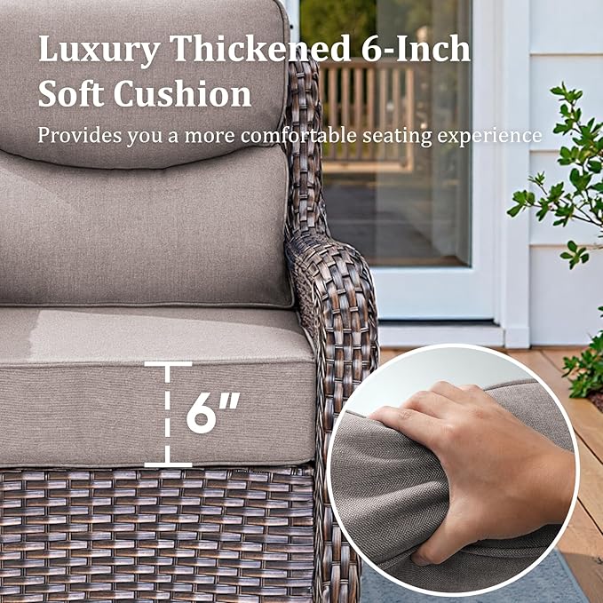 Luxury High Back Patio Furniture Set with 6-Inch Thick Cushions, 5-Pieces Outdoor Furniture with Swivel Chairs, Wicker Conversation Set for Porch, Balcony, Deck and Yard, Brown/Grey