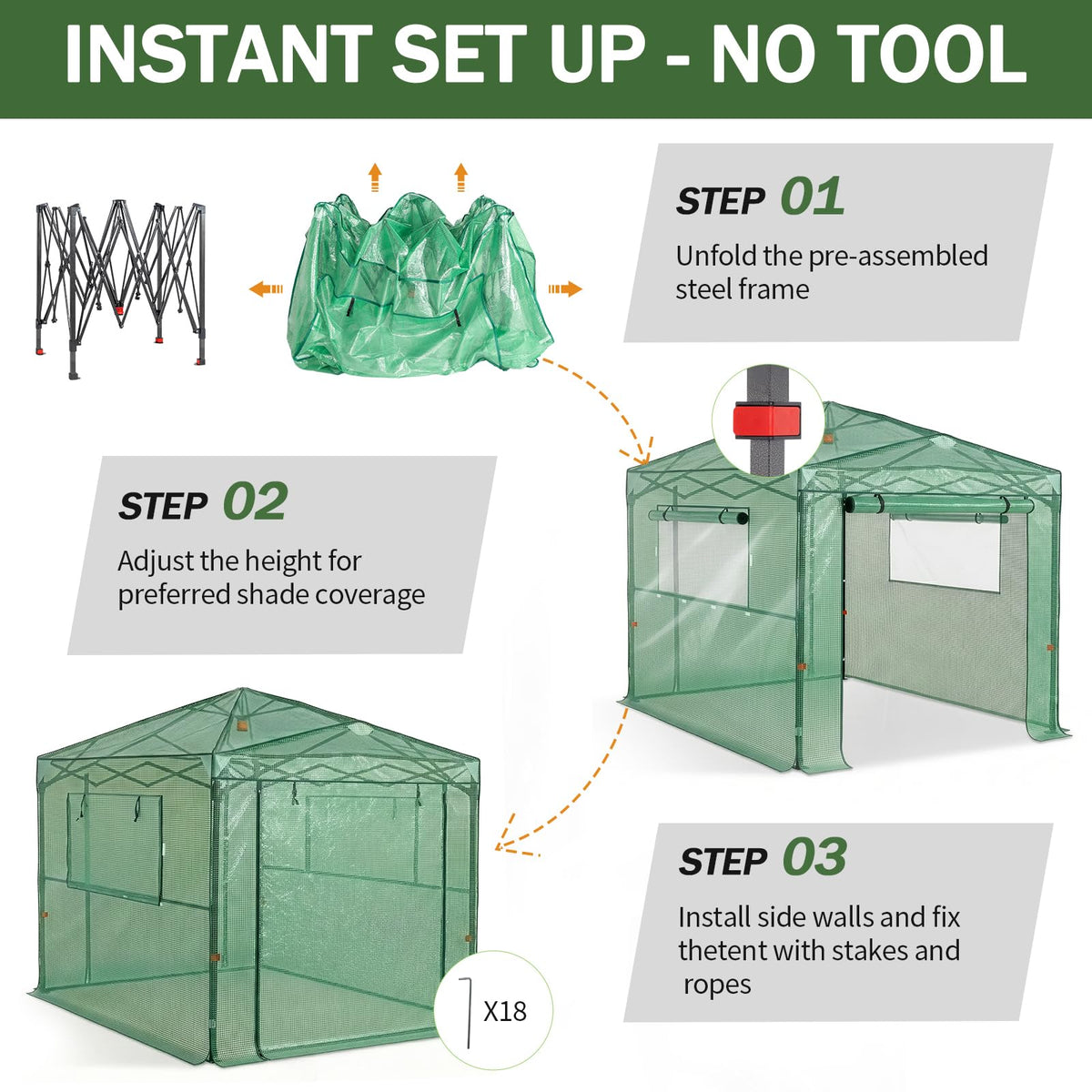 Outvita 6x8ft Greenhouse, Instant Walk-in Pop Up Tent Greenhouse for Indoor Outdoor Gardening Easy Setup Shelter with Roll-up Zipper Entry Doors and Windows