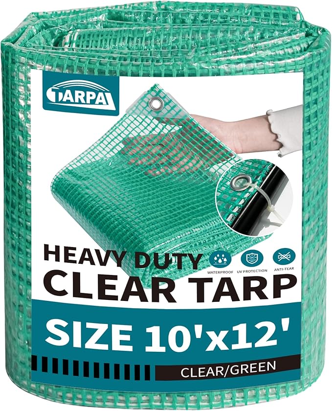 TARPAL 10'x12' Clear Green Tarp Heavy Duty Waterproof 12mil with Grommets or Zip Ties for Large Greenhouses for Outdoors Garden,Farm,Chicken Coops