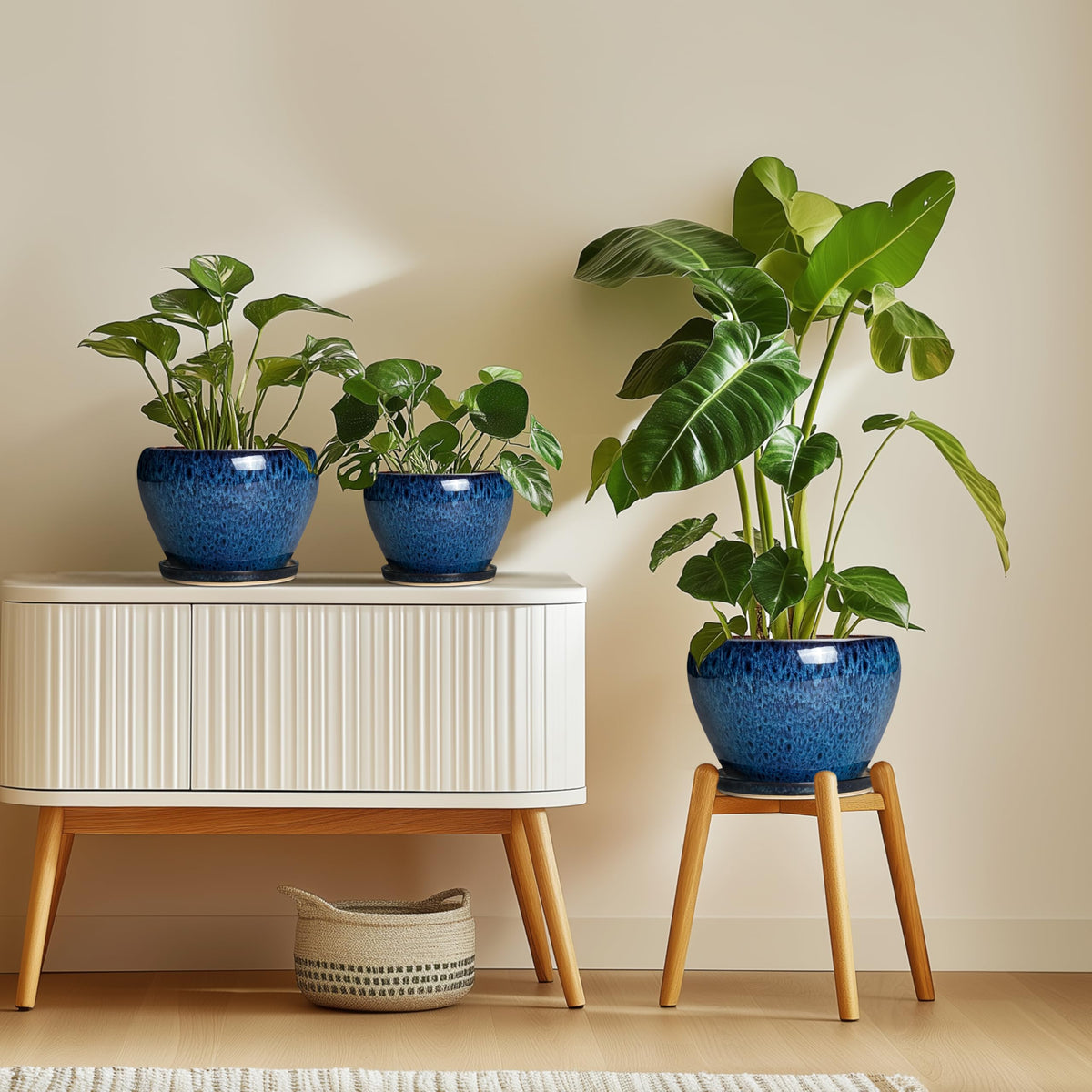 Thirtypot 10 Inch Plant Pot, Ceramic Planter with Drainage and Saucer, Blue
