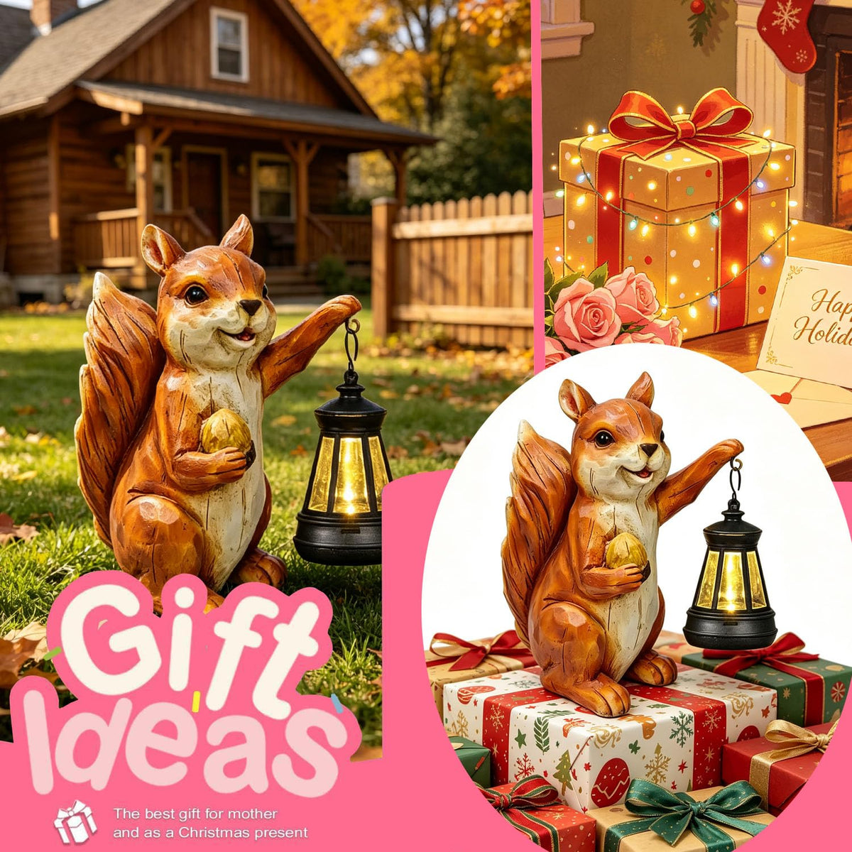 Solar Squirrel Garden Statue, Resin Solar Light Figurine Outdoor Decor