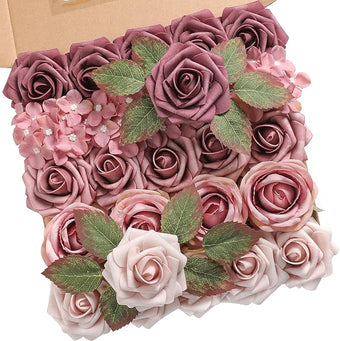 YYHUAWU Artificial Flowers Combo Box Set Gradient Color Flower Leaf with Stems for DIY Wedding Bouquets Centerpieces Baby Shower Party Home Decorations