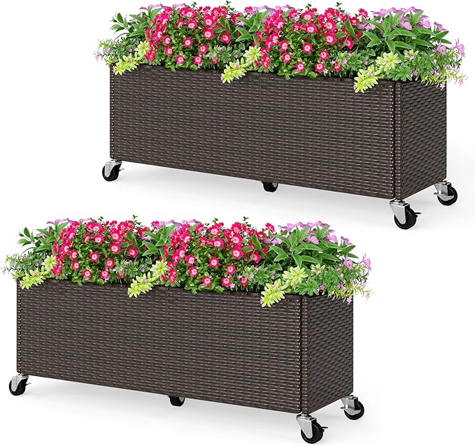 HAPPYGRILL Raised Garden Bed, All-Weather PE Rattan Elevated Planter Box w/Lockable Wheels, Liner for Growing Vegetables Flowers Herbs, Indoor Outdoor Wicker Rolling Gardening Box for Yard Patio (2)