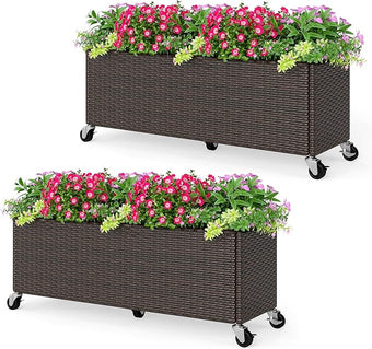 HAPPYGRILL Raised Garden Bed, All-Weather PE Rattan Elevated Planter Box w/Lockable Wheels, Liner for Growing Vegetables Flowers Herbs, Indoor Outdoor Wicker Rolling Gardening Box for Yard Patio (2)